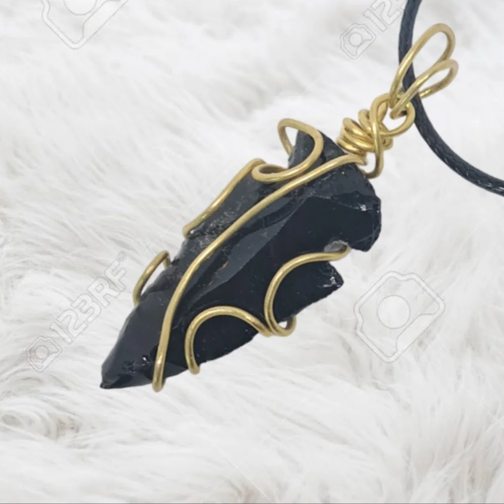 Hand-Wired Obsidian Arrowhead Pendant with Black Adjustable Cord.